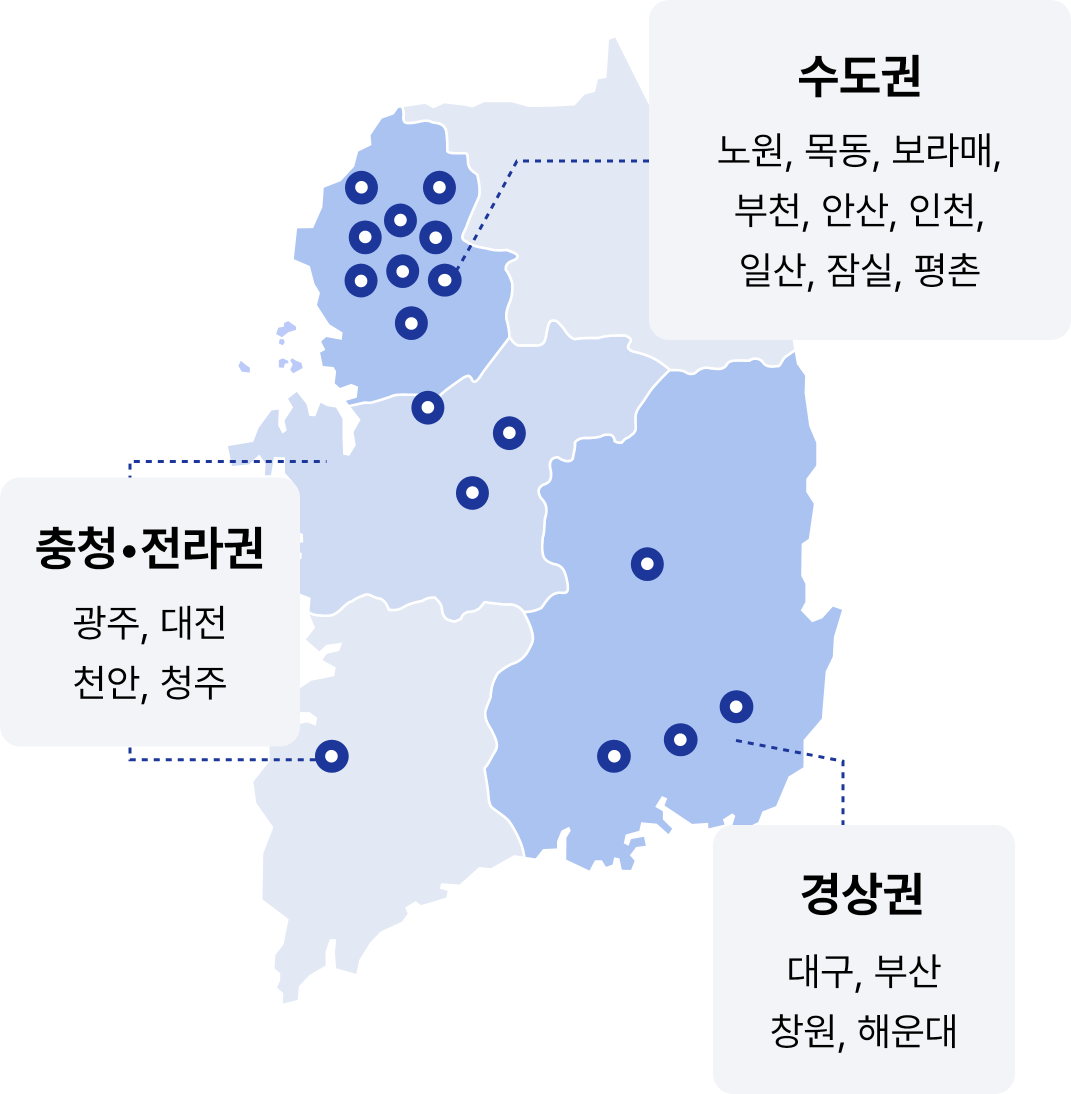 수도권: 노원, 목동, 보라매, 부천, 안산, 인천, 일산, 잠실, 평촌 / 충청,전라권 : 광주, 대전, 천안, 광주 / 경상권 : 대구,부산, 창원, 해운대